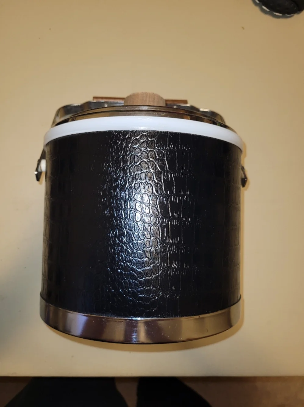 Vintage Atapco Ice Bucket Black Faux Alligator Chrome Mid Century Modern.